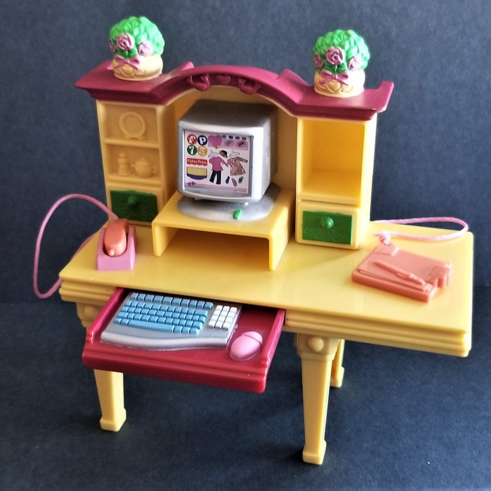FISHER PRICE LOVING FAMILY 2006 DOLLHOUSE COMPUTER HUTCH DESK WITH KEYBOARD TRAY